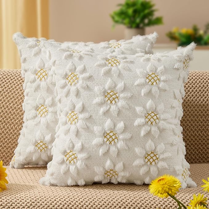 DFXSZ Spring Summer Pillow Covers 18x18 inch Set of 2 Farmhouse Decor Yellow Color Flower Heart Sunflower Soft Plush Faux ...