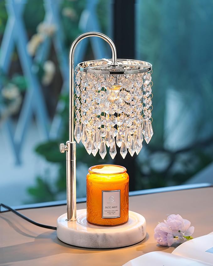 Candle Warmer Lamp with Timer Dimmer and 3 Bulbs, Candle Lamp Warmer with Marble Base for Adjustable Height, Crystal Candl...