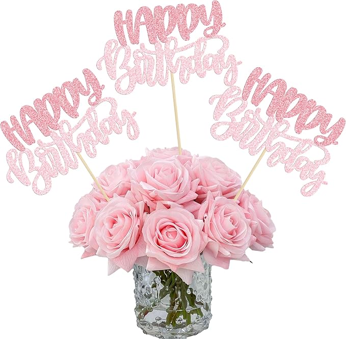 Gyufise 12Pcs Happy Birthday Centerpieces Sticks Double Sided Glitter Birthday Party Decorations Anniversary Table Flower ...