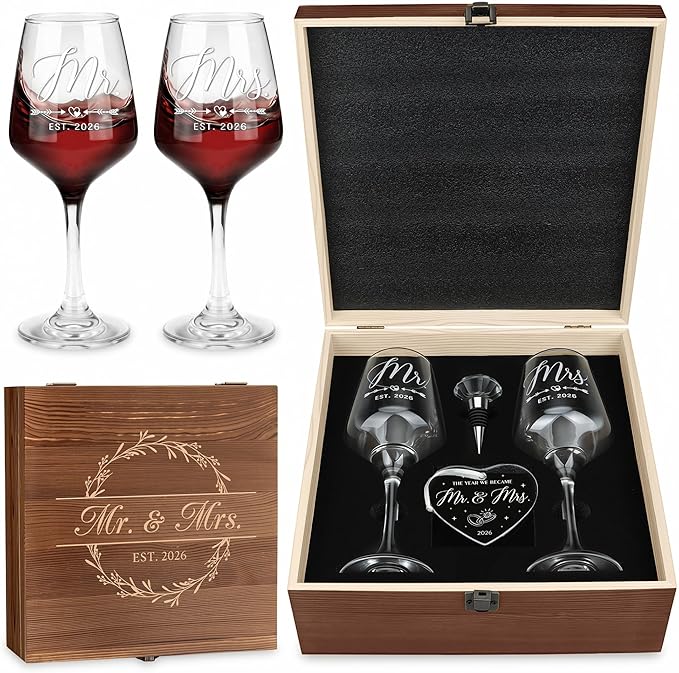 Verouis Wedding Gifts for Couples 2026 Mr and Mrs Engraved Wine Glasses Engagement Gift for Newlywed Bachelorette Bridal S...