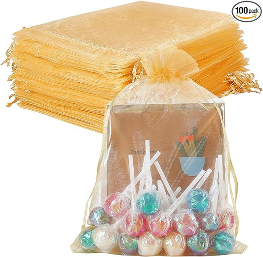 HRX Package 100pcs Gold Organza Bags 6x9 inch, Mesh Gift Pouches Drawstring Empty Sachet for Christmas Candy Present Party...