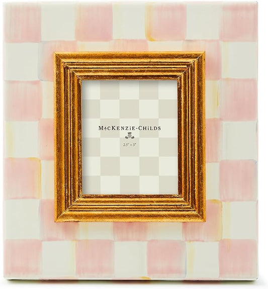 MACKENZIE-CHILDS Enamel Frame, Cute Rectangular Family Picture Frame, Pink-and-White Rosy Check, 2.5" x 3"