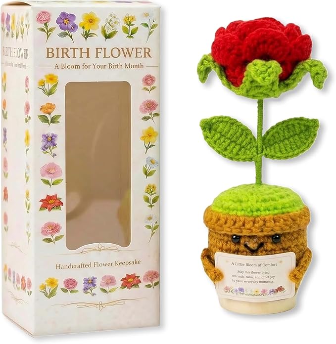 Xulvrax June Birth Flower Rose Crochet Potted Plant Gift, Handmade Style with Wooden Base, Romantic Birthday Desk Decor, f...