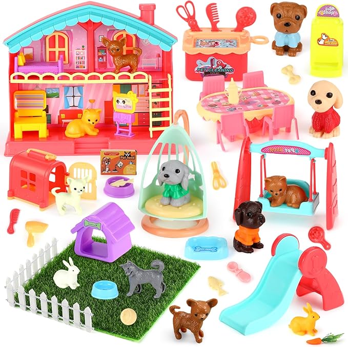 Leyndo 48 Pcs Dog and Cat Pet Figurine Playset Role Pretend Toy Set for Kids Realistic Educational Pet Care Center Dollhou...