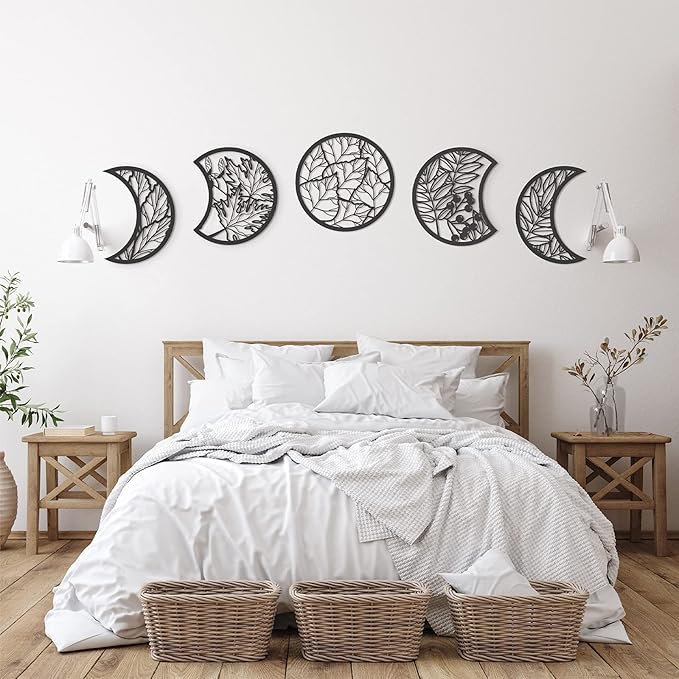 Jetec 5 Pcs Moon Phase Wall Art Decor Wall Pediments Hanging Wooden Phase Spiritual Bedroom Nordic Boho Lunar Aesthetic Ar...
