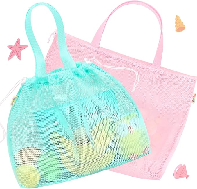 Tagitary Beach Toys Kids Beach Bag Tote with Drawstring, Pink Blue Mesh Bag Travel Beach Essentials for Kids Swim Pool Gym...