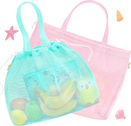 Tagitary Beach Toys Kids Beach Bag Tote with Drawstring, Pink Blue Mesh Bag Travel Beach Essentials for Kids Swim Pool Gym...