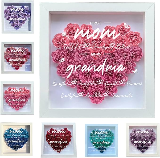 Wasetell Personalized First Mom Now Grandma Rose Flower Shadow Box with Name Mother's Day Heart-Shaped Frame Personalize G...