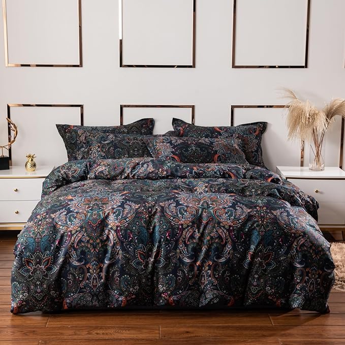 ABREEZE Luxury Vintage Black Duvet Cover Sets Damask Paisley Bedding Set Retro 100% Brushed Cotton Zipper Closure Bedding ...