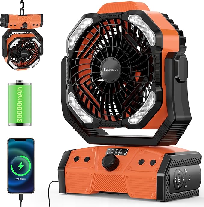 Easywave Camping Fan with LED Lantern: 30000mAh Rechargeable Battery Powered Outdoor Tent, Oscillating Fan with 360° Hangi...