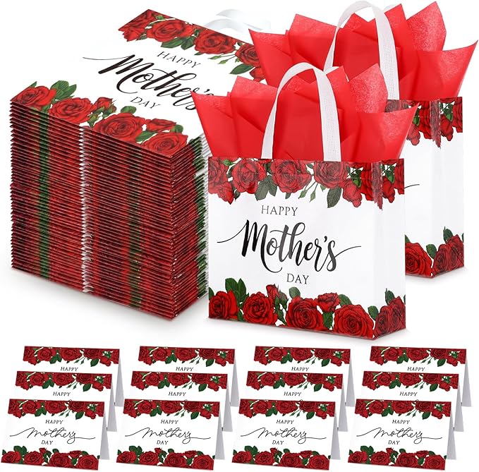 Sinload 24 Sets Large Gifts Bags for Mother's Day 10.6" Rose Flowers Non Woven Fabric Bag with Tissue Papers with Handles ...