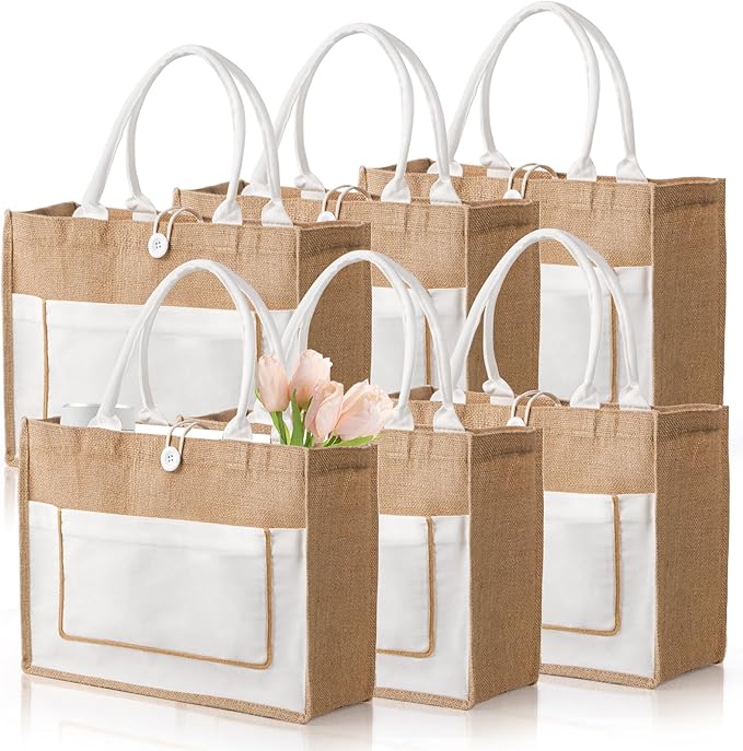 ZOOFOX 6 Pack Jute Tote Bags, 16.5"x 13"x 7" Large Burlap Tote Bag with Handles, Beach Bag for Women, Grocery Bridesmaid B...