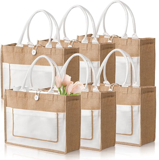 ZOOFOX 6 Pack Jute Tote Bags, 16.5"x 13"x 7" Large Burlap Tote Bag with Handles, Beach Bag for Women, Grocery Bridesmaid B...