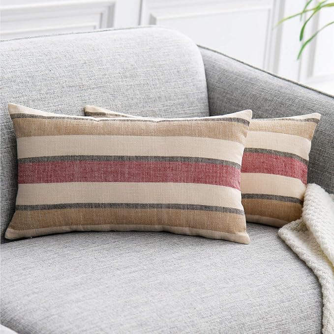 NATUS WEAVER 2 Pieces Decorative Classic Retro Stripe Throw Pillow Cover Soft Faux Linen Modern Farmhouse Lumbar Cushion C...