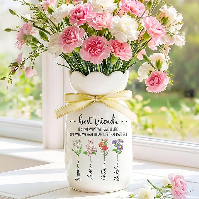 Personalized Best Friends Flower Vase, Custom Birth Flower Ceramic with Names, Friendship Gift for Women, Bestie Gift Ide...