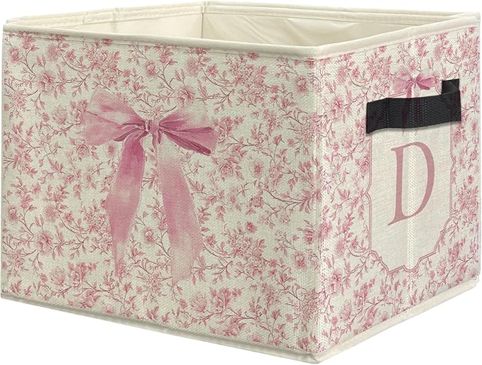 uinwk Personalized Coquette Pink Bow Floral Monogram Storage Bins, Custom Pink Collapsible Storage Box Laundry Basket with...