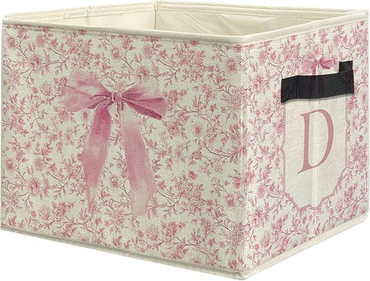 uinwk Personalized Coquette Pink Bow Floral Monogram Storage Bins, Custom Pink Collapsible Storage Box Laundry Basket with...