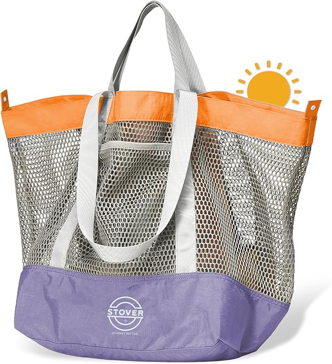 STOVER Extra Large Mesh Beach Bag, Vacation, Pool, Shopping & Travel Tote - Foldable w/Storage Pouch & Pockets for Women, Men