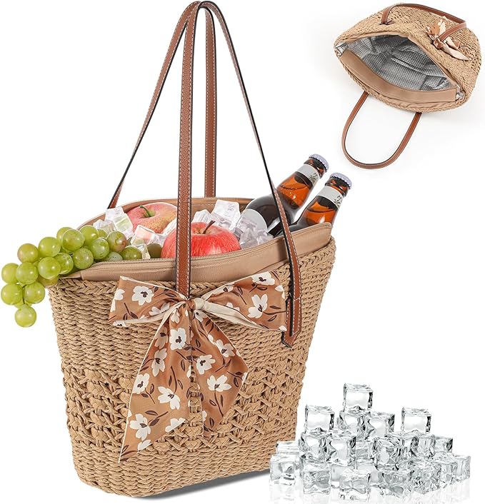 Dansydaisy Insulated Beach Woven Cooler Bag for Women, Leak Proof Summer Straw Bag with Zipper, Picnic & Pool, Stylish Str...