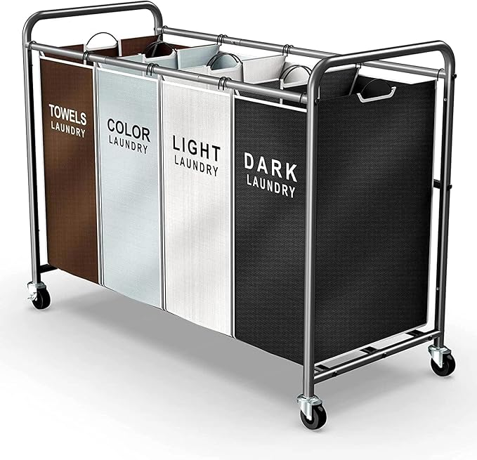 ROMOON Laundry Hamper Sorter Cart: 4-Section Organizer with Heavy-Duty Lockable Wheels and Removable Bags | 180L Rolling L...