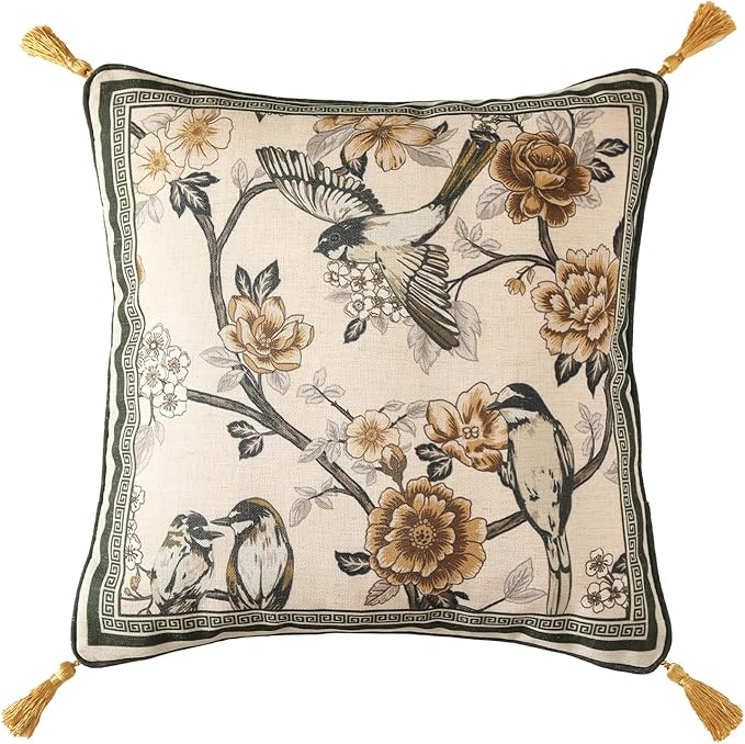 ISAENNE Design Linen Chinoiserie Square Throw Pillow Covers 18"x18", Farmhouse Cushion Covers with Yellow Floral Birds Pat...