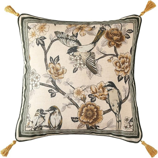 ISAENNE Design Linen Chinoiserie Square Throw Pillow Covers 18"x18", Farmhouse Cushion Covers with Yellow Floral Birds Pat...