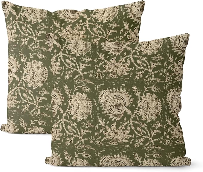 Green Pillow Covers 20x20 Inch Set of 2 Vintage Olive Green Floral Throw Pillows Neutral Modern Boho Block Print Floral Pi...
