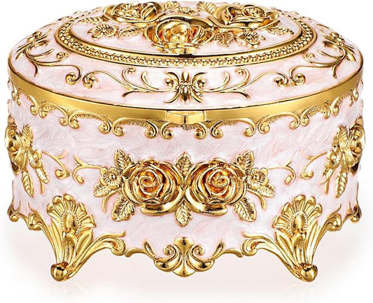 Hipiwe Vintage Metal Jewelry Box - Oval Trinket Organizer Ring Box Case with Rose Pattern Jewelry Storage Box for Ring Ear...