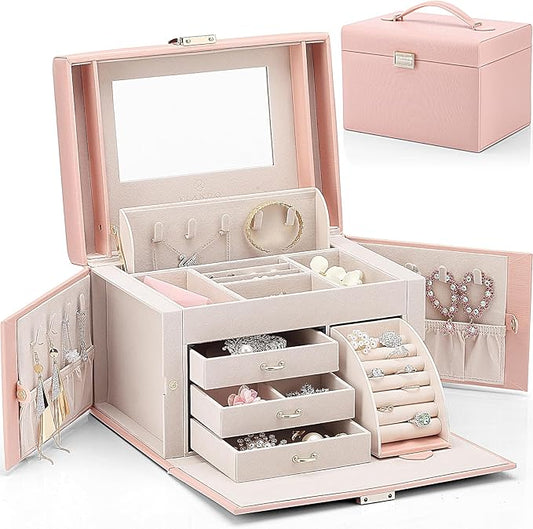 Vlando Jewelry Box Organizer for Girls Women, Large Baroque Jewelry Holder Organizer with Mirror, 3 Drawers for Bracelets,...