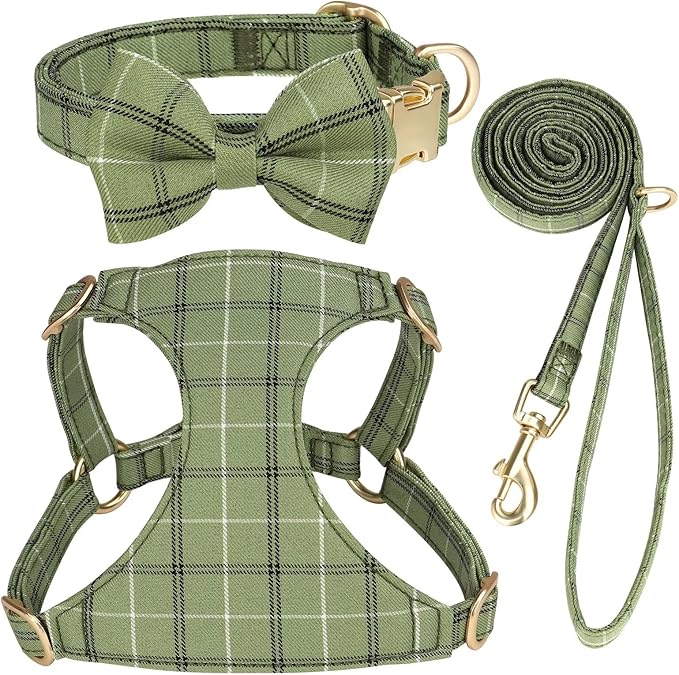 Beirui Cute Extra Small Dog Harness Collar and Leash Set with Bowtie, Soft Adjustable Plaid Puppy Harness for Small Sized ...