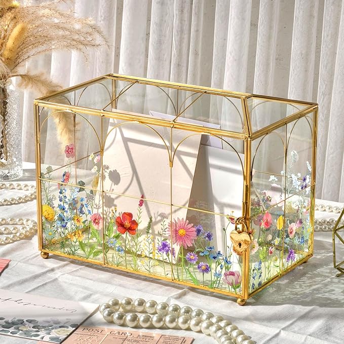 AerWo Glass Wedding Card Box with Lock, Gold Rim Gift Card Box for Wedding with Flower Patterns, Clear Wedding Card Boxes ...