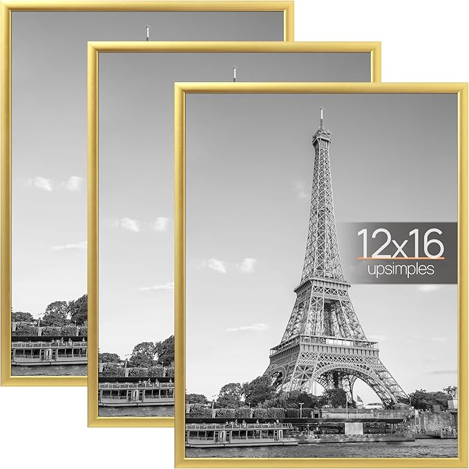 upsimples 12x16 Picture Frame Gold 3 Pack, Scratch-Proof Poster Frames 12 x 16 for Photo Gallery - Slide-In Strips, Horizo...
