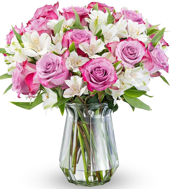 Benchmark Bouquets - Delightful Roses & Alstroemeria (Glass Vase Included) - Fresh Flowers for Delivery - Gift for Graduat...