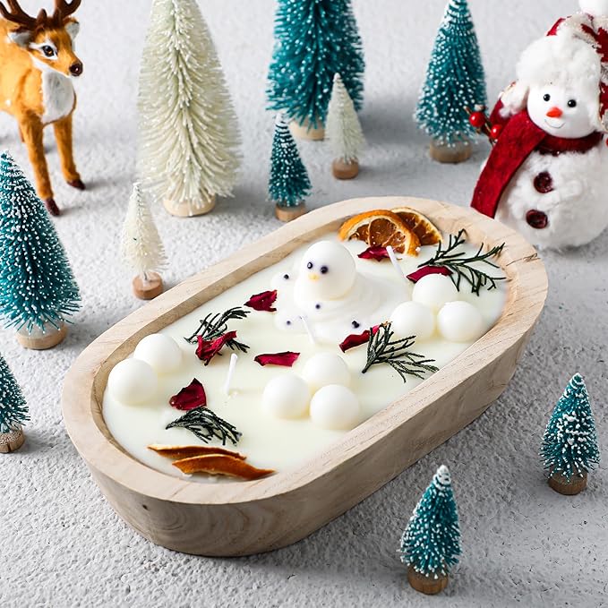 Conelist Rustic Christmas Wood Dough Bowl Candle Table Decor Cabin Bowl Soy Candle Included Dried Oranges, Cranberry, Pine...