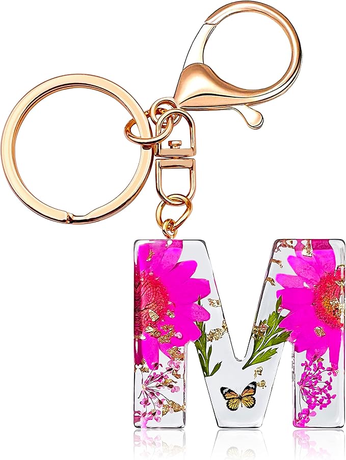 Initial Letter Butterfly Flower Pink Keychain Birthday gifts for Women Girl Backpack Wallet Car Key Cute Bling Keychain