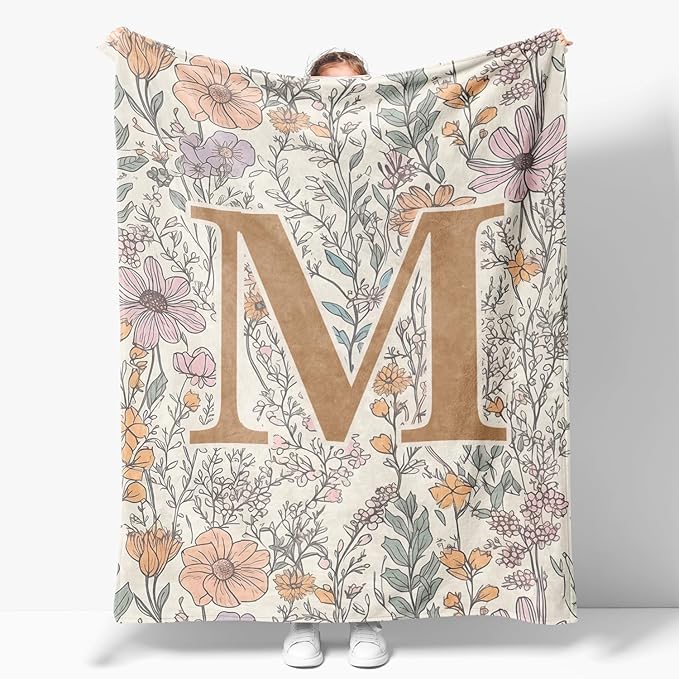 JXREQ Throw Blanket Initial Letter M Personalized Monogrammed Gifts for Women Teen Girls Frends, Boho Floral Throw Blanket...