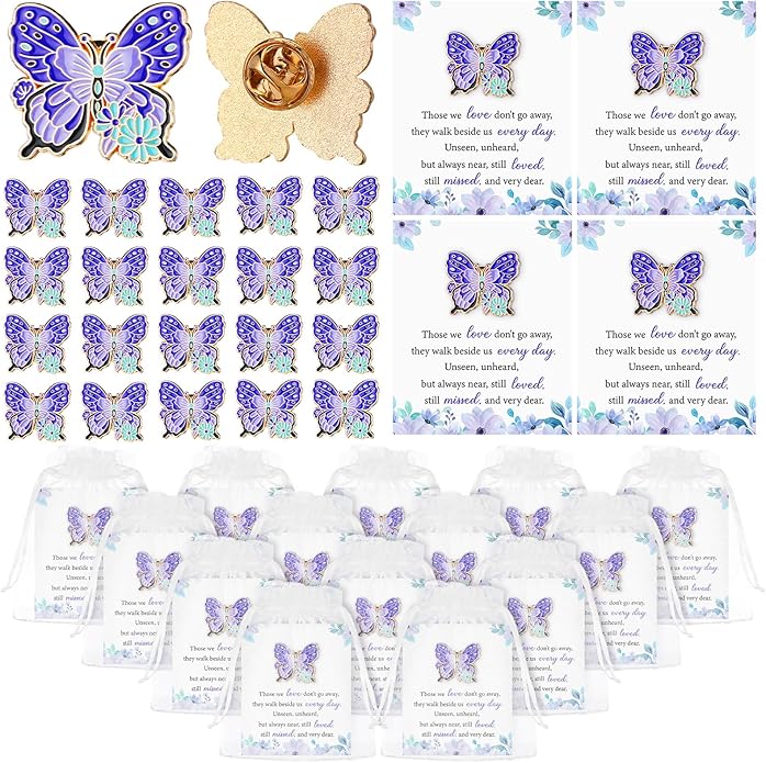 Liliaafar Butterfly Pins Brooches Bulk Memorial Funeral Favors for Guests Celebration of Life Favors with Bags Cards for Gift