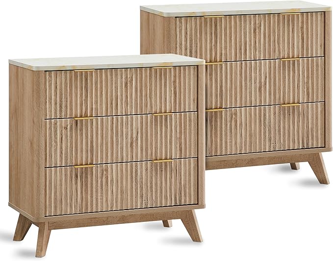 T4TREAM Fluted 3 Drawers Nightstand Set of 2, Oversized Extra Large Modern Side Table with Faux Marble Top, End Table Beds...
