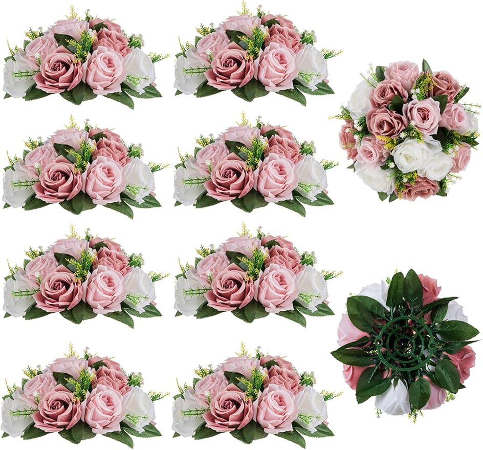 BLOSMON Dusty Rose Flowers Centerpieces: 10 Pieces Pink Roses Artificial Flower Balls for Wedding Dinning Table - Fake Sil...