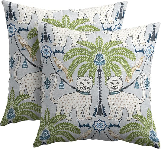 Animal Print Leopard Tropical Tree Pillow Covers 20X20 Inch Set of 2 Vintage Asian Bird Decorative Pillow Cases Green Whit...
