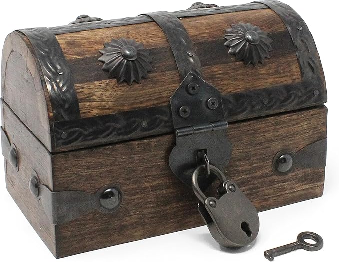 Nautical Cove Keepsake Wooden Treasure Chest with Antique Jewelry Lock and Key (Small 5x3x3.25) – Decorative Box, Pirate W...
