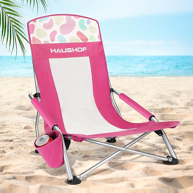 HAUSHOF 2-Pack High Back Beach Chairs, Mesh Back Folding Chair, Lightweight Low Seat Camping Chairs with Cup Holder, Carry...