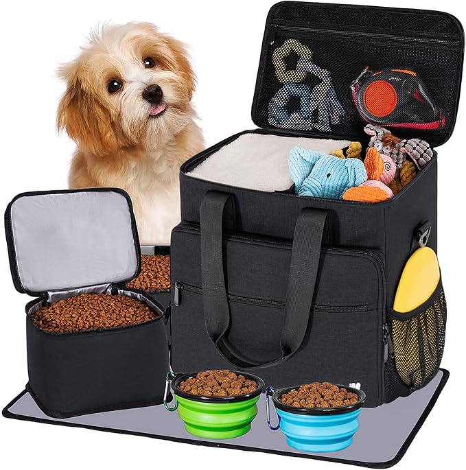 LASUK Dog Travel Bag, Large Pet Travel Set with Multi-Function Pockets, 2 Food Storage Containers, 2 Collapsible Bowls, 1 ...
