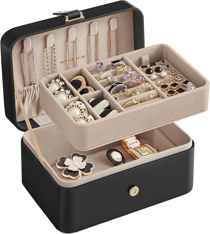 SONGMICS Jewelry Organizer Box, Travel Jewelry Case, 2-Layer Travel Case for Earrings, Necklaces, Bracelets - Portable Jew...