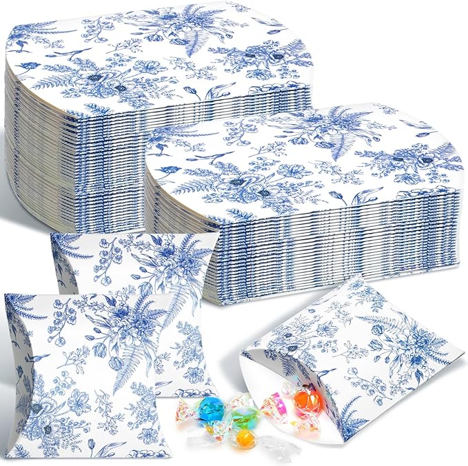 Moinchore 100 Pcs Blue Floral Pillow Boxes Kraft Paper Pillow Gift Boxes Candy Wedding Party Favors Blue Floral Candy Deco...
