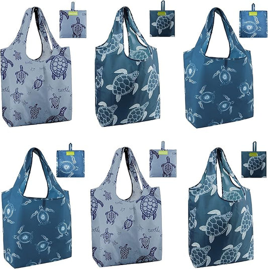 BeeGreen Sea Turtle Reusable Grocery Bags Large Tote Bag With Handles, Bulk Gift Foldable Shopping Bags for Women 6 Pack, ...