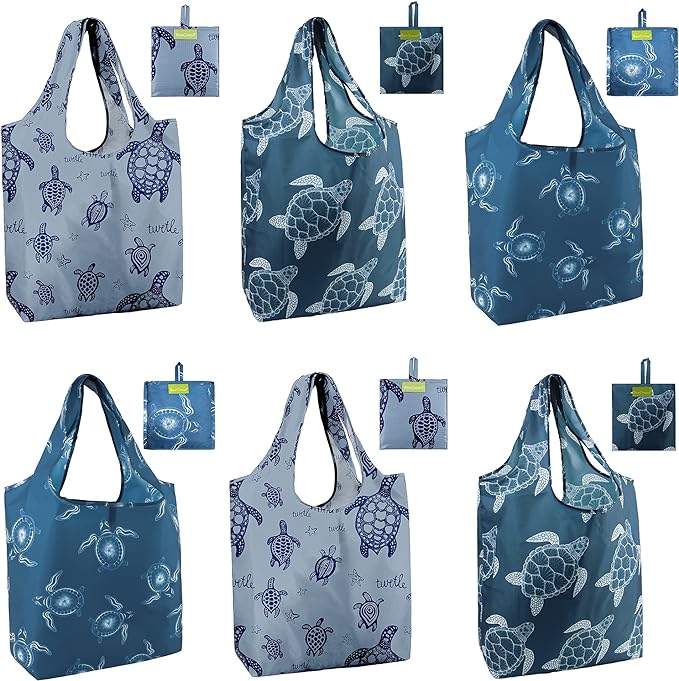 BeeGreen Sea Turtle Reusable Grocery Bags Large Tote Bag With Handles, Bulk Gift Foldable Shopping Bags for Women 6 Pack, ...