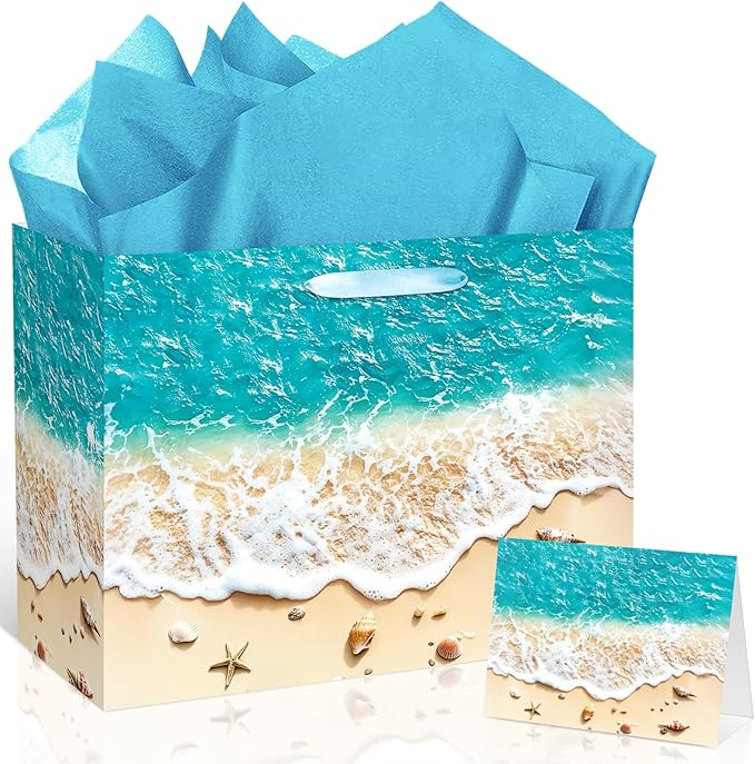 TagreSpike Beach Gift Bag with Tissue Paper and Card Summer Beach Goodie Candy Bags Seashell Blue Ocean Wave Summer Pool P...