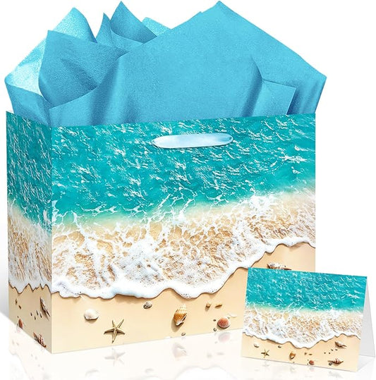 TagreSpike Beach Gift Bag with Tissue Paper and Card Summer Beach Goodie Candy Bags Seashell Blue Ocean Wave Summer Pool P...
