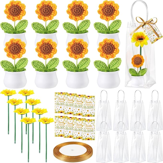 FunooFuno 8 Set Crochet Sunflower Pot with Artificial Flower Ballpoint Pen Bags Cards Ribbon Sunflower Floral Potted Plant...